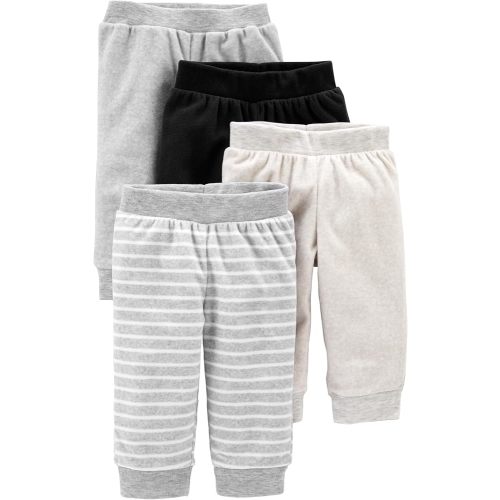 Simple Joys by Carter's Baby 4-Pack Neutral Fleece Pants, light grey/dark grey/grey stripes/black, 0-3 Months
