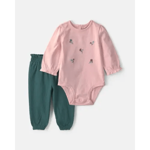 Baby Girl 2-Piece Floral Long-Sleeve Bodysuit & Pant Set - Pink/Green | Carter's