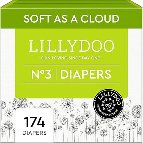 LILLYDOO Baby Diapers - Size 3 (13-22 lbs), Monthly Supply 174 Count (3 x 29), Leak Protection, Skin-Friendly, Ultrasoft, Perfume- & Chlorine-Free, Hypoallergenic, Dermatologist Tested, Oeko-TEX®