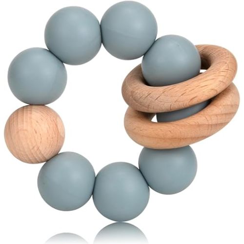 Silicone Baby Teether, Food Grade Silicone & Beech Baby Teething Toy, BPA Free (Blue)