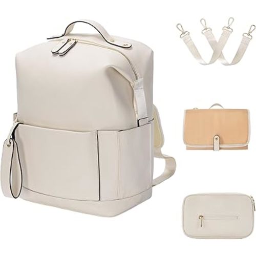 Minsong Diaper Bag Backpack, Waterproof Leather Diaper Bags With Changing Station for Baby, Fashion Nappy Travel Backpack for Mom Dad