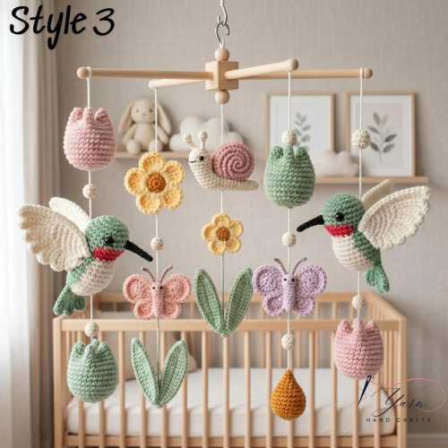 Crochet Hummingbird Baby Mobile, Pastel Floral Crib Decor, Handmade Nursery Hanging