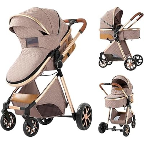 Baby Stroller Baby Prams Pushchair 2 in 1, Foldable, Portable, Comfortable, for Infant Toddler Aged 0-36 Months (Khaki)