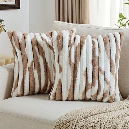 FUTEI Brown Decorative Throw Pillow Covers 18x18 Inch Set of 2, Soft Tie-Dye Faux Rabbit Fur Striped Texture Cushion Case, Modern Home Decor for Couch Bed Living Room