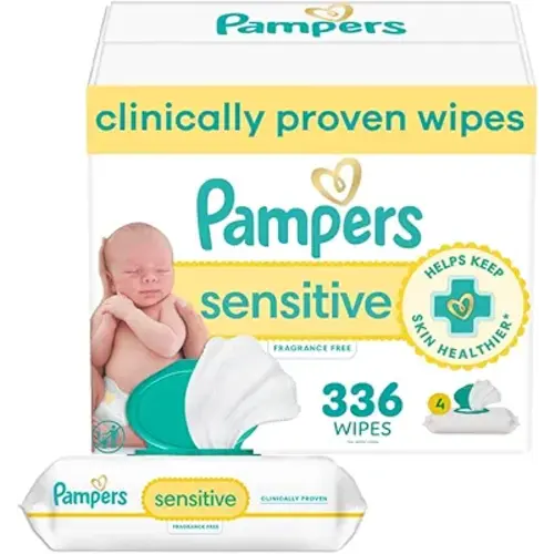 Pampers Baby Wipes, Sensitive, Water Based Wipe, Clinically Proven, Hypoallergenic, and Unscented for Babies, 336 Wipes Total (4 Flip-Top Packs)