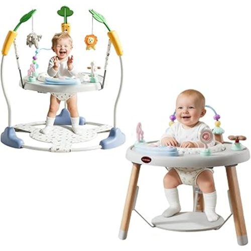 CuddoBaby Baby Jumper 4-Stage Convertible| Montessori -Inspired 8 Interactive Toys| Tummy Time Playmat, Bouncer, Exersaucer, Toddler Table| Music & Lights | 3-6, 6-12, 12-18, 12-24 Months - Gray