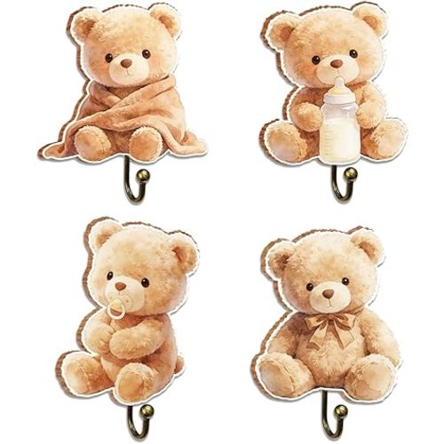 Teddy Bear Baby Room Decor, 4Pcs Wooden Wall Hooks, Teddy Bear Nursery Hook Cute Towel Hanger, 4 Hooks for Hanging Clothes Robes Towels Coats