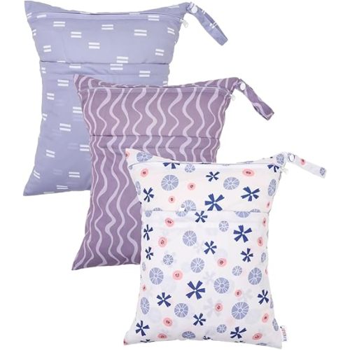 ALVABABY 3pcs Cloth Diaper Wet Dry Bags Waterproof Reusable with Two Zippered Pockets Travel Beach Pool Daycare Soiled Baby Items Yoga Gym Bag for Swimsuits or Wet Clothes 3L-ZM36