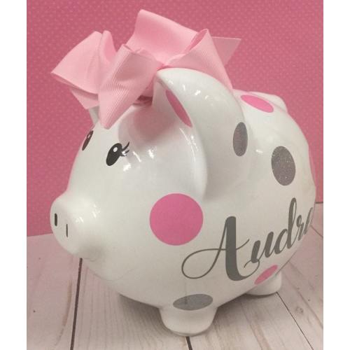 Personalized 9”Large piggy bank, Light Pink and glitter silver polka dot piggy bank,piggy bank for girls,piggy banks,piggy bank with bow