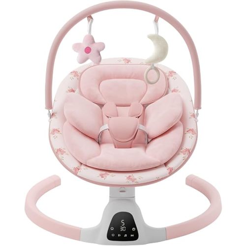 Baby Swings for Infants, Electric Infant Swing with 5 Speed Modes, 5-Point Harness, 3 Timer Settings, Built-in Songs & Bluetooth, Portable Baby Swing with Pink Printed Seat Pad, Indoor Outdoor Use