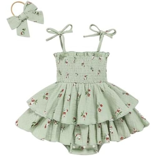 TITKKOP Baby Girl Summer Outfits Infant Double Romper - Sleeveless Bodysuit & Cake Smash Outfit