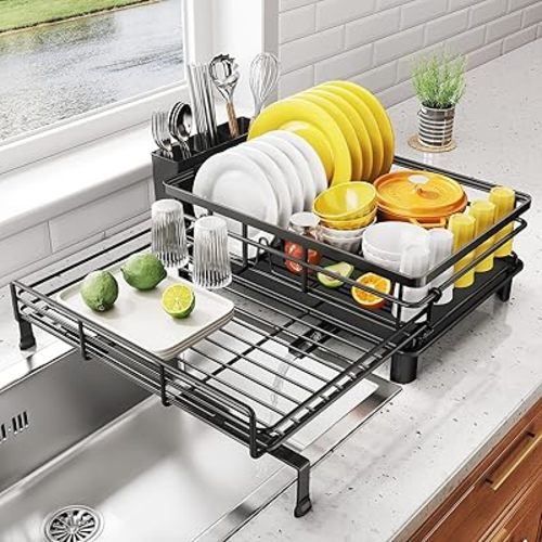 Bottle Drying Rack - Extendable Dish Rack, Large Sink Drying Dish Drainer for Kitchen Counter, Stainless Steel Dish Strainer with Utensil Holder (Black)