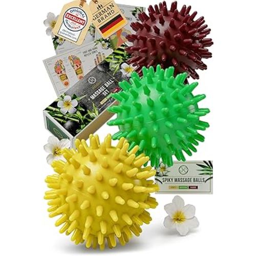HELDSON® 3 Spiky Massage Balls Set [Hard, Medium, Soft] - Foot Roller Massager Spikes - Spike Trigger Point Ball for Back Pain Relief & Feet - Plantar Fasciitis Deep Tissue Therapy - Spikey Pressure