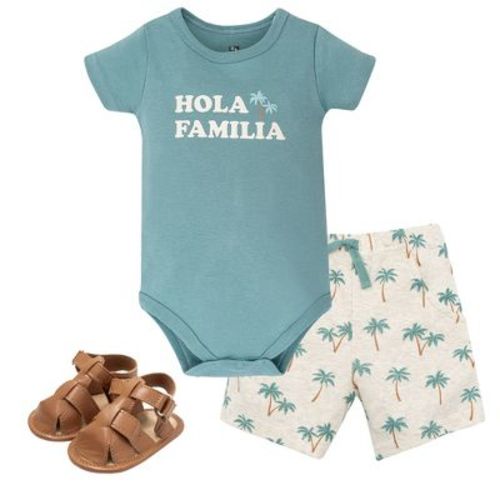 Hudson Baby Boy Cotton Bodysuit, Shorts and Shoe Set, Hola Familia, 9-12 Months