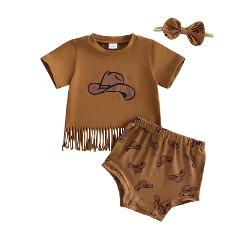 Western Baby Girl Clothes Summer Short Sleeve Letter Tassel T Shirt Romper Bloomer Shorts Set Infant Country Outfit