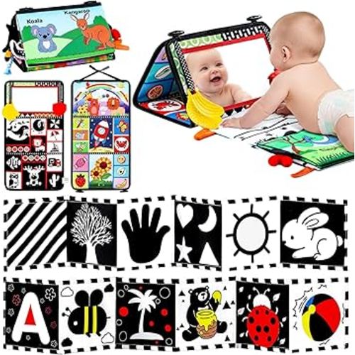 3PCS High Contrast Black & White Baby Toys - Tummy Time Mirror Infant Toys with Crinkle Cloth and Teether, Visual Stimulation Sensory Books for Newborns 0 3 6 12 Months, Shower Gift, Stocking Stuffers