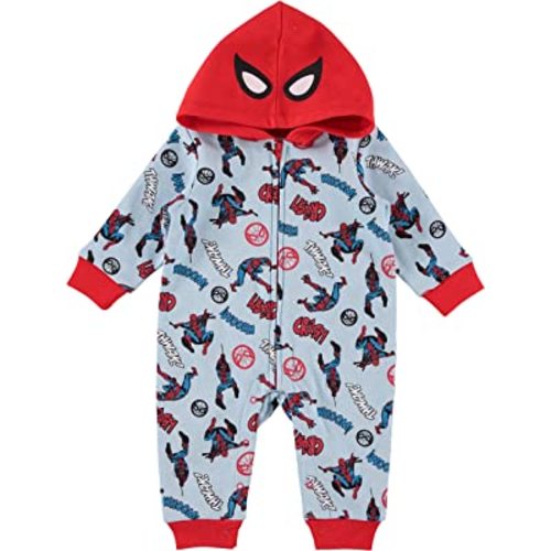 Spider-Man Baby Boys Bodysuit One Piece - Long-Sleeve Hooded Fleece Jumpsuit - Newborn Boy Clothes