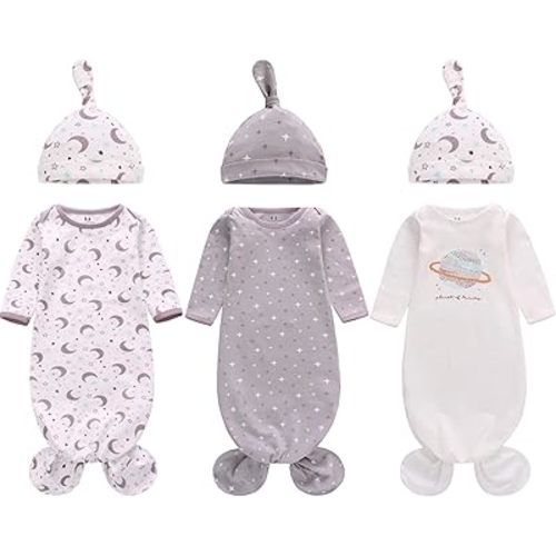 Newborn Knotted Nightgown Long Sleeve with Matching Hat Set 3 Pack, Unisex Baby Sleeper Gowns Coming Home Outfits Set with Mitten Cuffs for Boys Girls