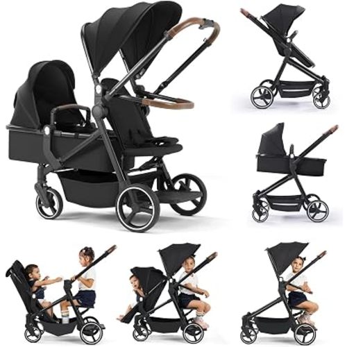 Convertible Single-to-Double Baby Stroller, 2-in-1 Carry Cot & Toddler Seat for 0-36 Months, Large PU Wheels with All-Wheel Suspension, UPF50+ Extendable Canopy