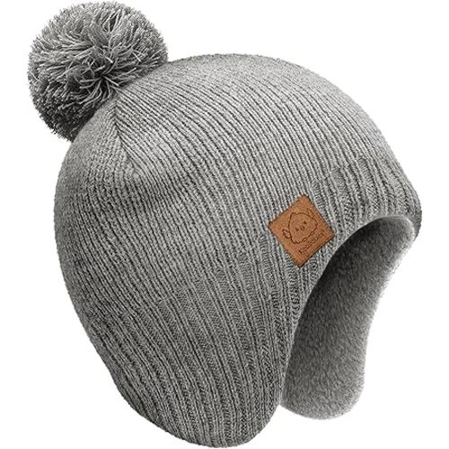 Baby Beanie Winter Hat 0-6 Months - Cute Pom Winter Baby Hats with Earflaps, Soft & Stretchy Knit Toddler Beanies for Infant, Newborn 0-6 Months Boys, Girls, Cozy, Warm Fall Essentials (Gray, S)
