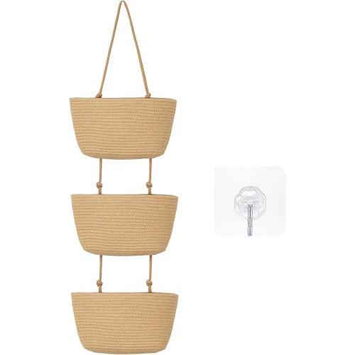 Xuhal Over the Door Hanging Basket Organizer Boho Woven Wall Baskets Storage 3 Tier Cotton Wall Mounted Decorative Bag Hanging Nursery Baskets for Books Flowers Toys Closet Living Room Bathroom