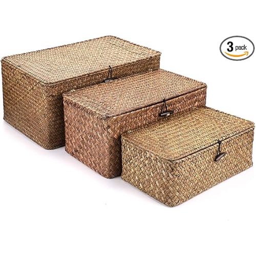 Hipiwe Set of 3 Natural Seagrass Storage Baskets with Lid - Large Handwoven Wicker Storage Bins Rectangular Household Organizer Boxes Shelf Wardrobe Organizer, Coffee
