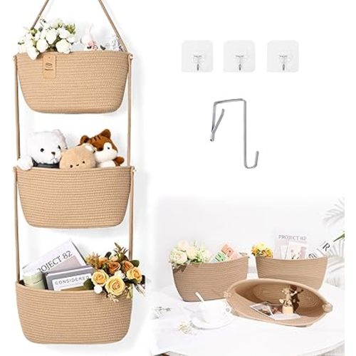 Over the Door Basket, 3-Tier Hanging Storage Baskets, Cotton Rope Wall Baskets Storage, Hanging Door Basket with 4 Hooks, Over the Door Organizer Nursery for Bedroom, Living Room, Bathroom Wall
