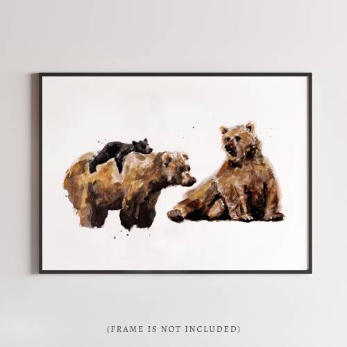 Bear Family of 3 (Two Big and One Small Bear) Watercolor Woodland Animal Art Print for Woodland Nursery or Kids Room