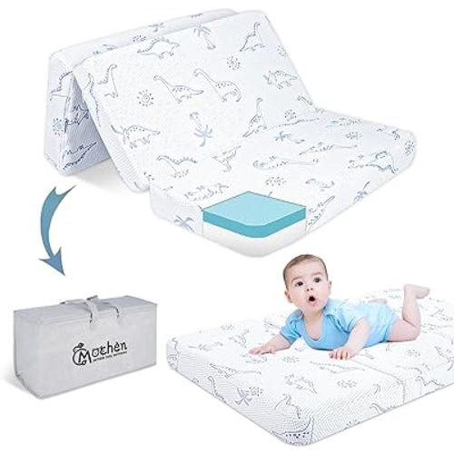 Mochen Pack and Play Mattress Pad, 38"x 26" Breathable Memory Foam Pack N Play Mattresses Topper with Removable Dinosaurs Cover, Thick Trifold Pack n Play Mattress with Carry Bag