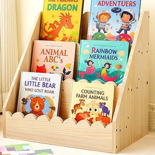 3 Tier Scalloped Bookshelf for Kids-10.8×16.1×16.3 in Montessori Bookcase for Toddlers Wooden Scalloped Book Shelf for Nursery Kids Rooms, Playroom and Classroom-Natural
