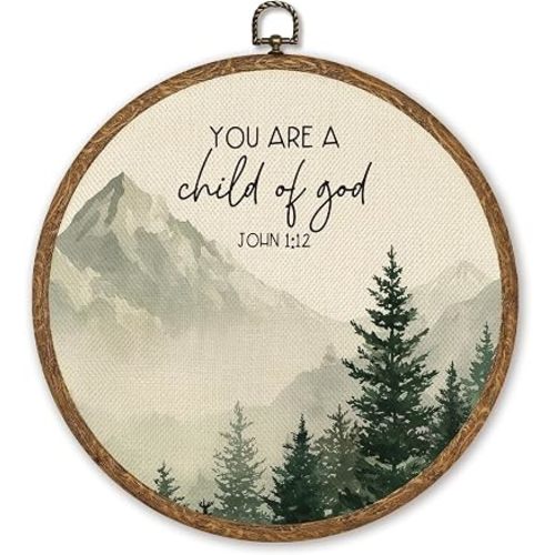Vintage Religious Round Wall Art Decor-You Are a Child of God 10x10 inch Inspirational Christian Wall Art,Bible Canvas Circular Framed Artwork for Home Living Room Bedroom,Easter Christian Gift for Women Men(Green-John 1:12)