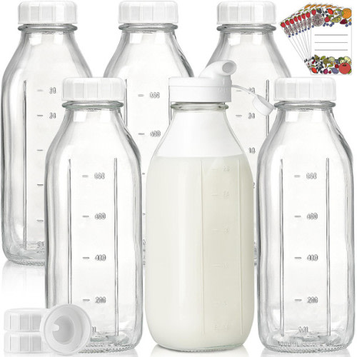 Liter Glass Milk Bottles w 100% Airtight Heavy Duty Screw Lid - 6 Pack 32 oz Drinking Jars - Food Grade Glass Bottles for Milk, Honey, Jam - Dishwasher Safe(Extra 2 Lids and Stickers Included)