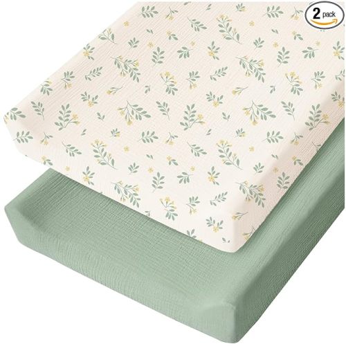 Konssy Muslin Changing Pad Cover for Baby Girls Boys, 100% Cotton Fitted Diaper Chang Table Covers, Soft Breathable Changing Pad Sheets, 2 Pack (Leafy,Green)