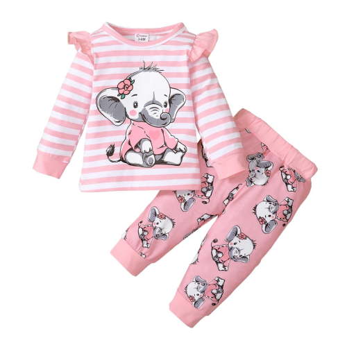 Kucnuzki 6 Months Baby Girl Fall-Winter Outfits Pants Sets 9 Months Long Sleeve Stripe Carton Elephant Prints Tops Elastic Pants 2PCS Set Pink