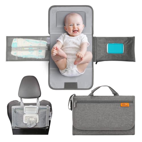 Kopi Baby Portable Diaper Changing Pad with Wipes Pocket, Modern Grey | 22-In Waterproof Pad, Reversible Wipes Pocket, 1 Zipper Pocket, 1 Large Mesh Pocket, Built-In Pillow, Washable, Carry Straps