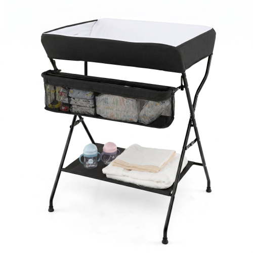ELLEGNT Folding Baby Changing Table, Portable Infant Diaper Changing Station Nursery Organizer with 3-Compartment Storage Basket, Bottom Shelf, Safety Belt and Height Ruler in Black