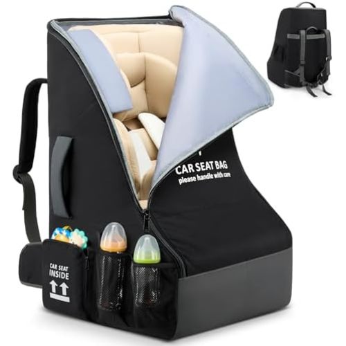 RAINSMORE Car Seat Travel Bag for Airplane Padded Carseat Backpack Heavy-duty Car Seat Cover for Air Travel Infant Car Seat Carrier Bag with Shoulder & Waist Strap, Fits Most Car Seat & Booster Seats