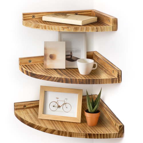 Afuly Floating Corner Shelves for Wall, Rustic Solid Brown Wood Wall Mounted Corner Shelf, 3 Set