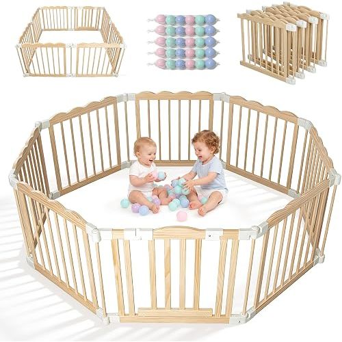 Foldable Wooden Baby Playpen, Pre-Assembled Pine Wood Play Pen, 60x60x24in