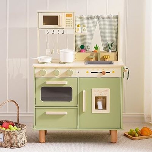ROBUD Wooden Play Kitchen Set, Pretend Play Kitchen for Kids, Toy Kitchen with Microwave, Sink, Stove and Ice Maker, Toddlers Kitchen Playset Gift for Boys Girls, 3+ (Green)