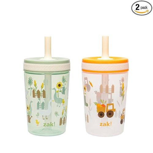 Zak Designs Kelso Toddler Cups For Travel or At Home, 15oz 2-Pack Durable Plastic Sippy Cups With Leak-Proof Design is Perfect For Kids (Silly Goose, Harvest)