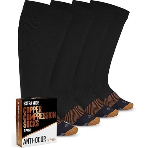 Doctor's Select Copper Plus Size Compression Socks Wide Calf - 2 Pairs | 20-30mmHg Extra Wide Calf Compression Socks Women Copper for Swelling, Varicose Veins | Black