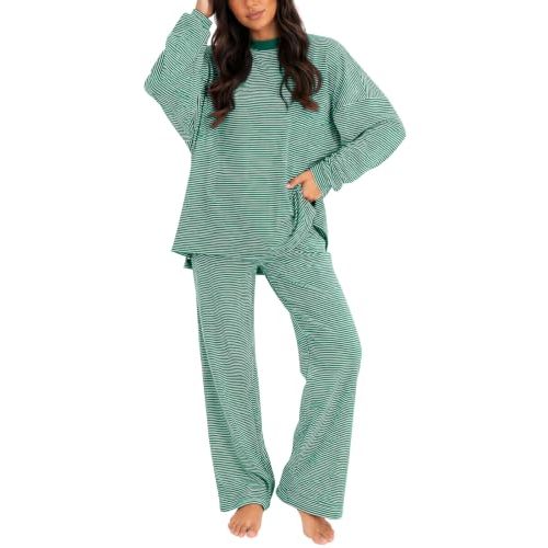 Women's 2 Piece Striped Lounge Set Wide Leg Pants Matching Pajamas Set | Long Sleeve ,High Waisted,Sleepwear, Pajamas, Oversized,Round Neck,Daily,Cotton Set,Loungewear,fall fashion outfits 2026,
