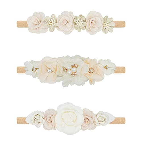 Baby Girl Flower Headbands Set, 3pcs Elastic Nylon Floral Hair Band, Bows Wrap for Infant Newborn Toddler