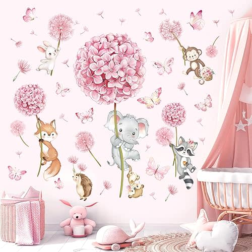 decalmile Animal Flower Pink Dandelion Wall Stickers Forest Animals Elephant Fox Monkey Wall Decals Baby Nursery Girls Bedroom Kids Room Wall Decor