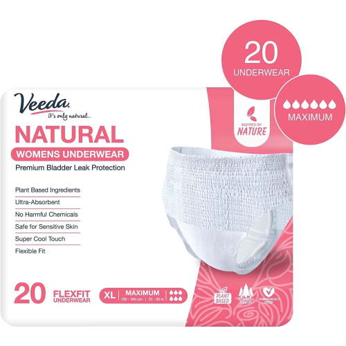 Veeda Natural Adult Incontinence Underwear for Women - Postpartum Underwear for Bladder Leakage Protection - Disposable Underwear with Maximum Absorbency - X-Large Size - 20 Count