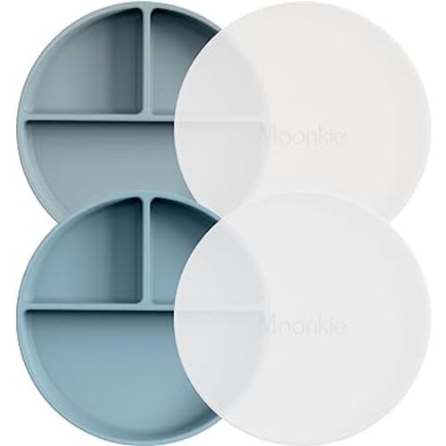 Moonkie Suction Plates for Baby | 100% Silicone BPA-Free Baby Plates with Lids and Food Cover | Divided Design | Microwave and Dishwasher Safe | Toddler Plates 2 Pack