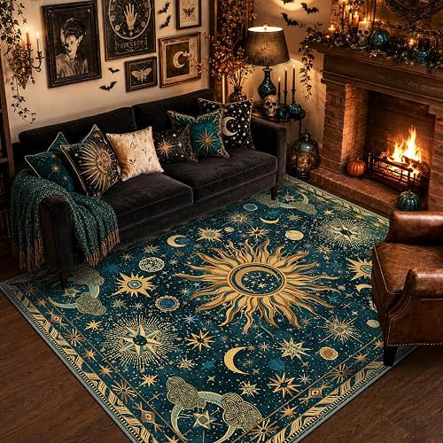 Vacuum-Friendly, 5x7 Washable Area Rug, Dark Blue Gold Gray