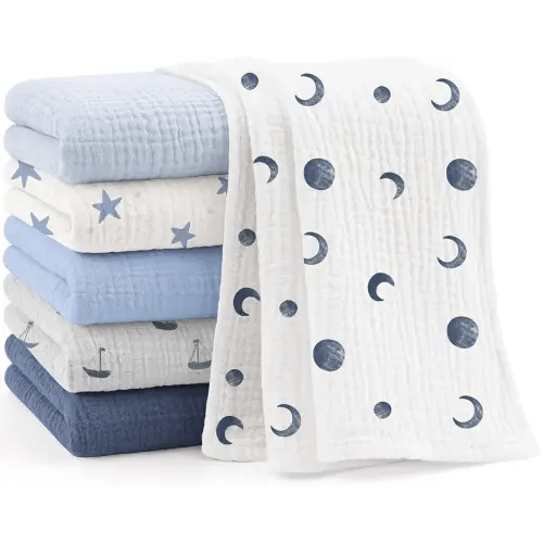Bearmoss 6 Pack Muslin Burp Cloths for Baby, 100% Cotton Soft Large Burping Cloths for Unisex, Boy, Girl, 23.6" X 23.6" Newborn Essentials Absorbent Milk Spit Up Rags (Blue)