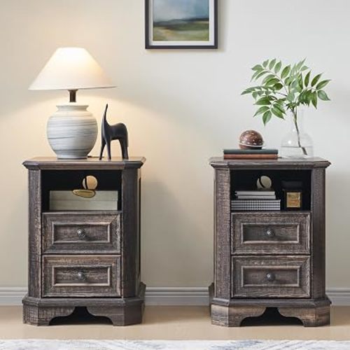 T4TREAM Farmhouse Nightstand Set of 2 with Charging Station, 18" End Table with 2 Drawers, Wood Side Table, Bedside Cabinet for Bedroom, Living Room (Dark Rustic Oak)